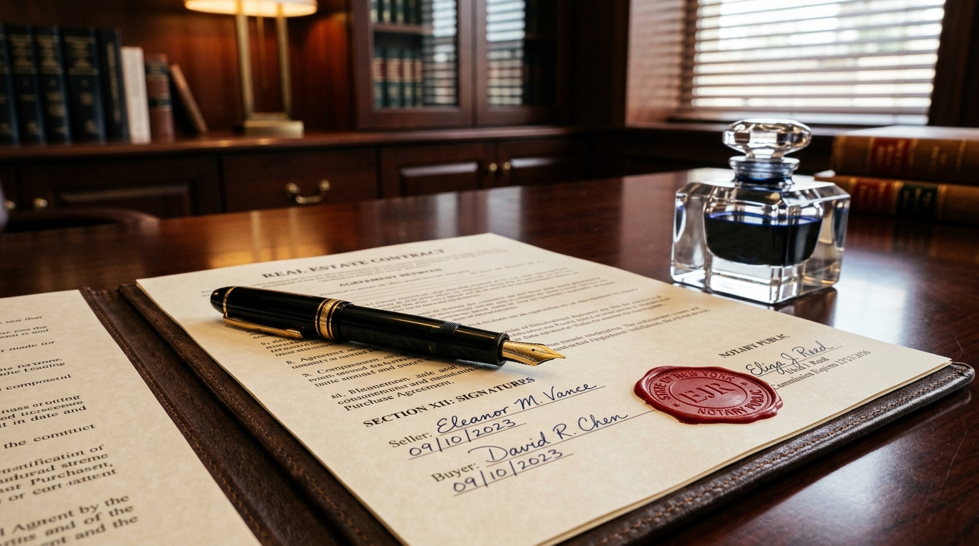 Contrato legal de bienes raíces, pluma estilográfica de oro y sello notarial