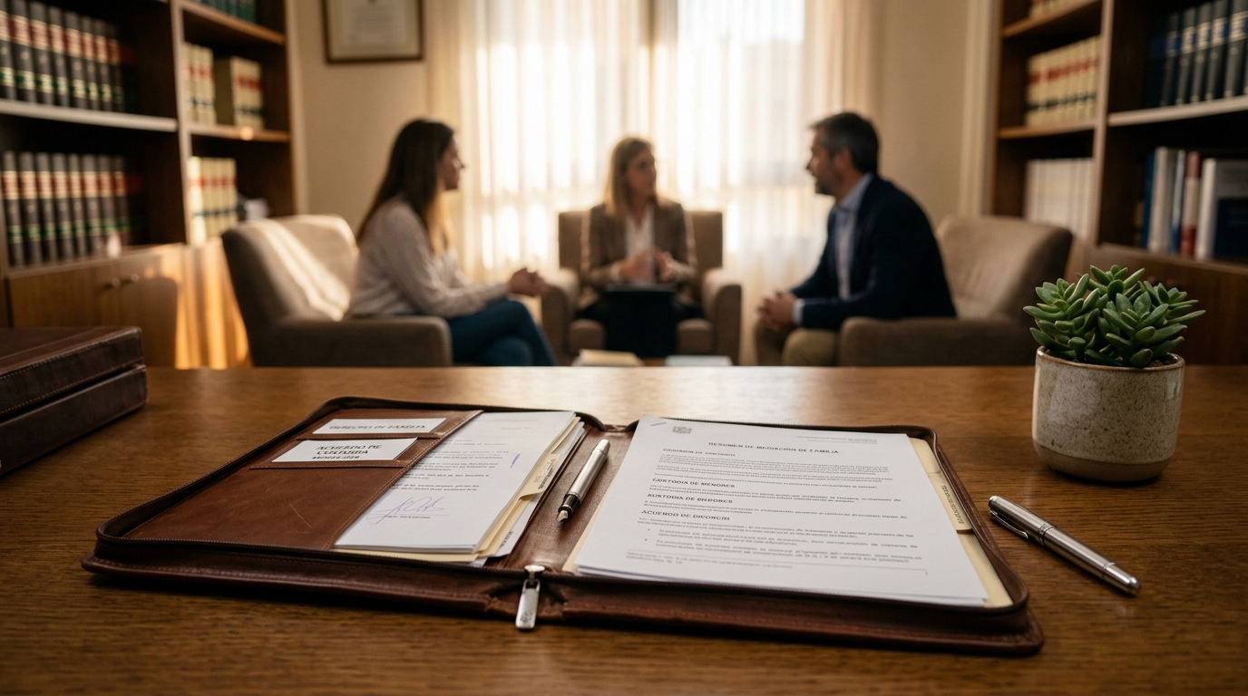 Expediente de mediación y derecho de familia en despacho jurídico confidencial