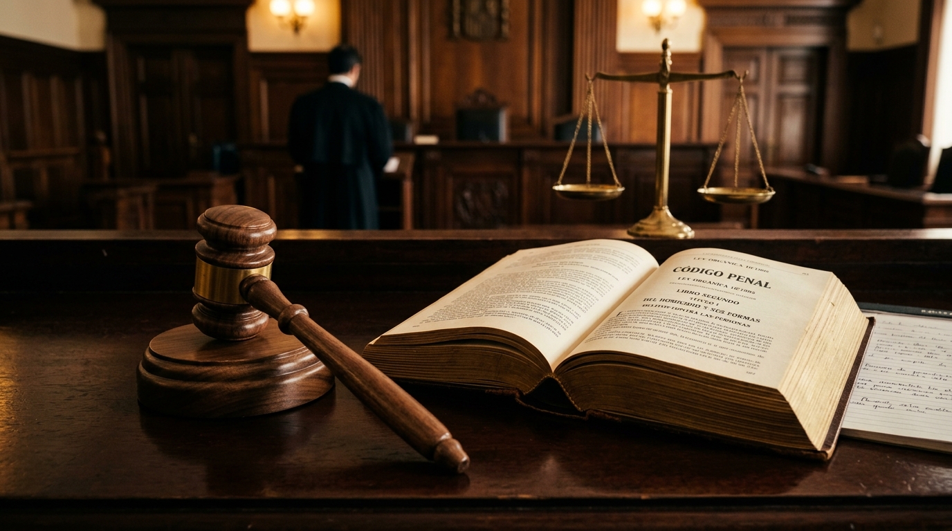 Mazo judicial, código penal y balanza de la justicia en sala de audiencias